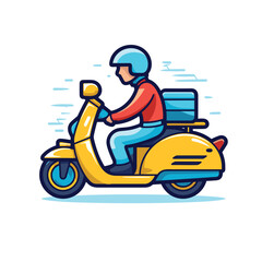Fototapeta na wymiar Vector of a man riding a yellow scooter with a box on the back in a flat landscape