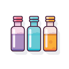 Vector of three bottles with colorful liquids on a flat surface