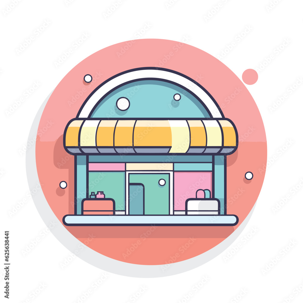 Poster vector of a charming small store with a vibrant yellow awning, adding a pop of color to the streetsc