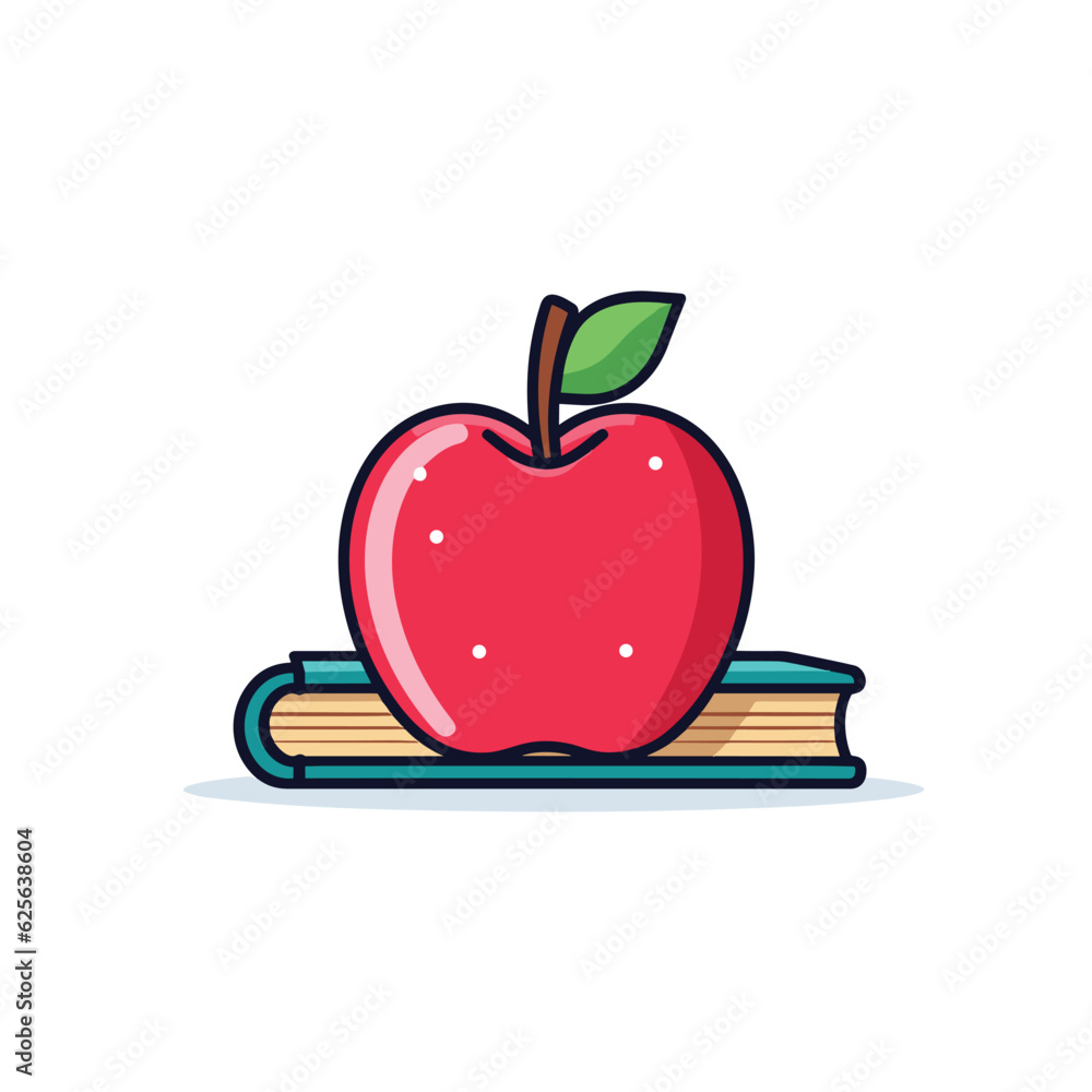 Poster vector of an apple sitting on top of a pile of books in a flat lay composition