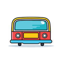 Vector of a red bus with yellow and blue stripes parked on a city street