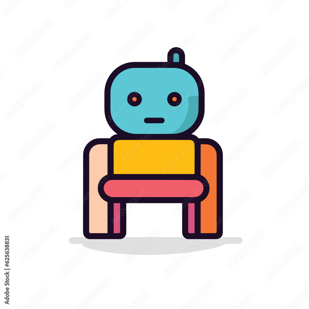 Poster flat vector icon a colorful robot perched on a chair in a modern setting
