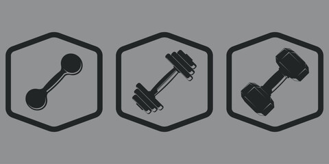 Set of black dumbbell icons. Sport and fitness. Vector on a gray background