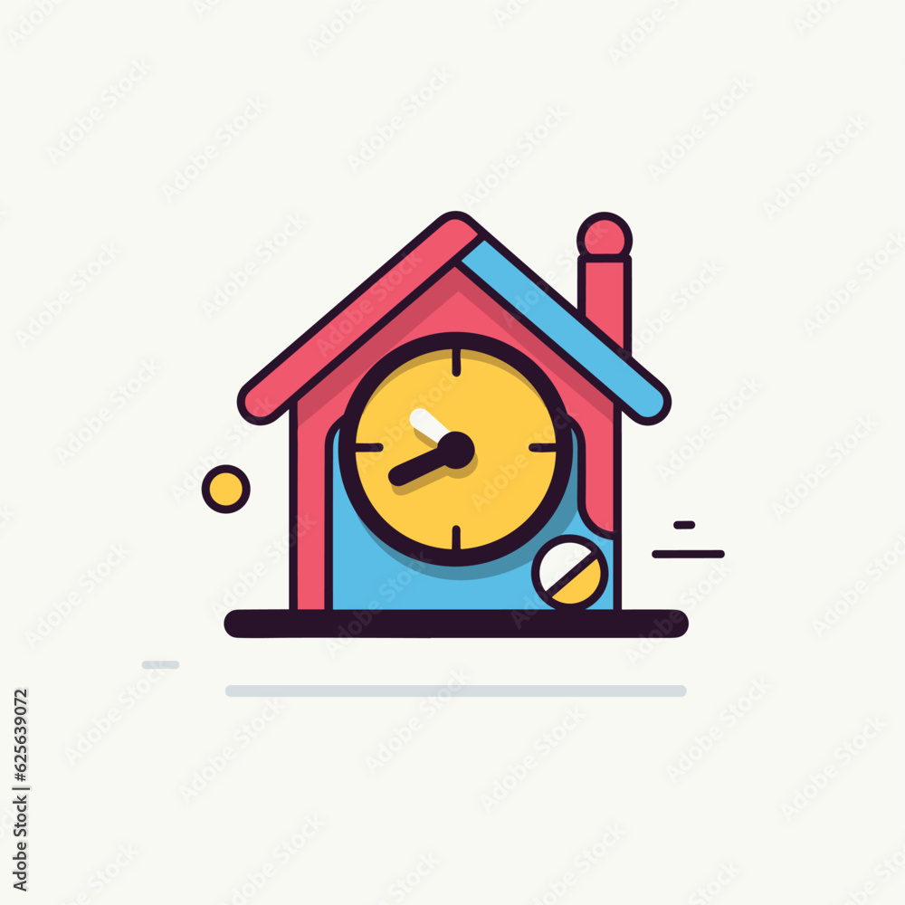 Poster flat vector icon a clock on a table in front of a house