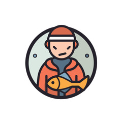 Flat vector icon a man holding a fish in his hands against a simple flat vector background