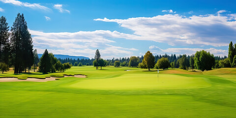 Naklejka premium Panoramic view of Golf Course. Golf field with a rich green turf beautiful scenery. Generative AI