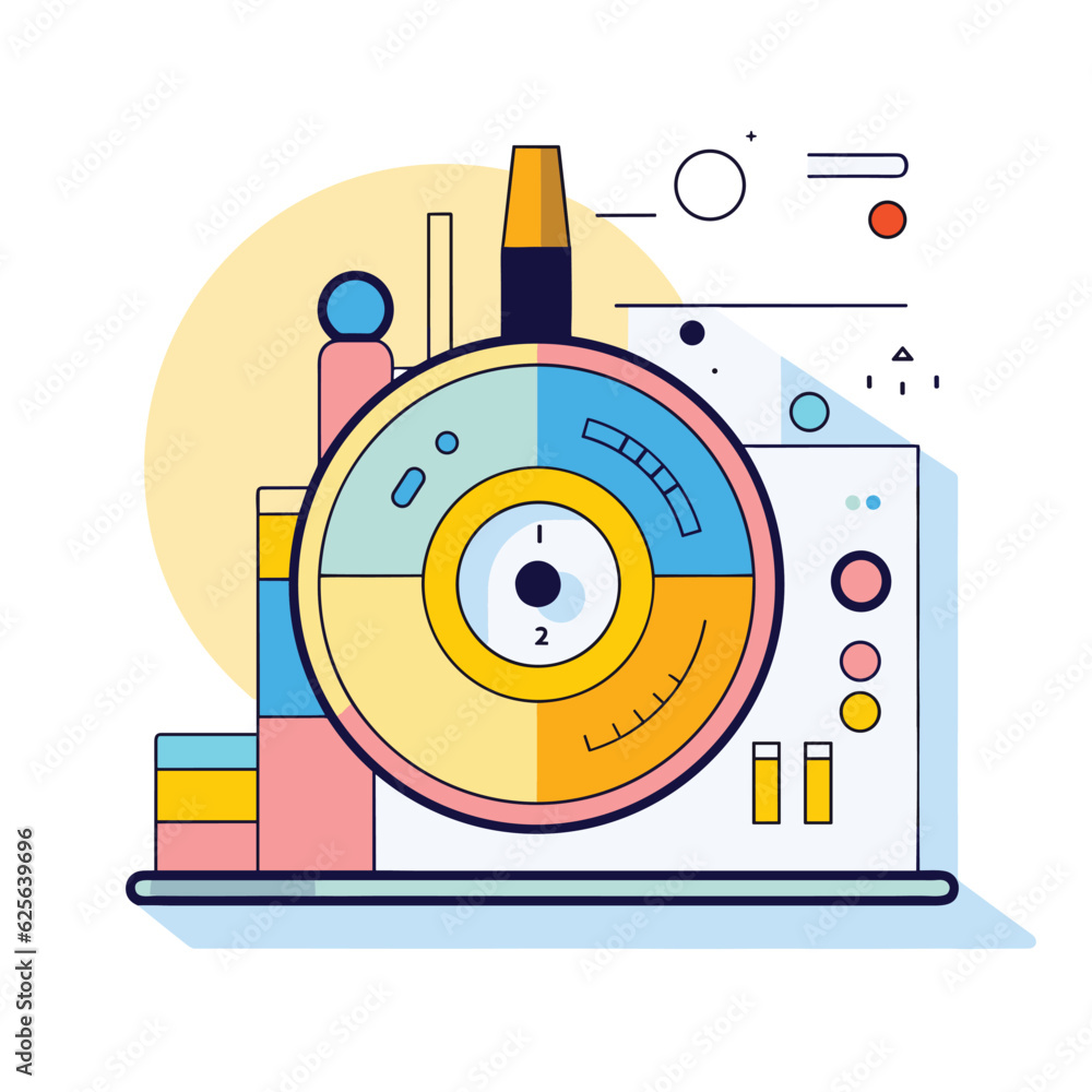 Poster vector flat icon of a laptop with a flat vector icon of a circular object on top