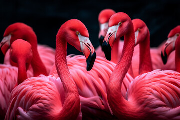 Close up of a group of vivid pink flamingos on black background