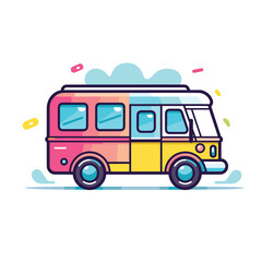 Vector flat icon of a van with a surfboard on top, perfect for a beach adventure