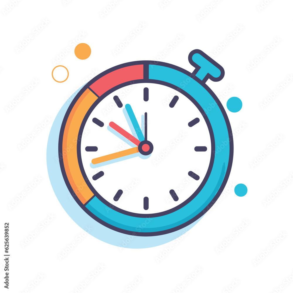 Poster vector flat icon of a minimalist clock with colorful hands on a clean white background