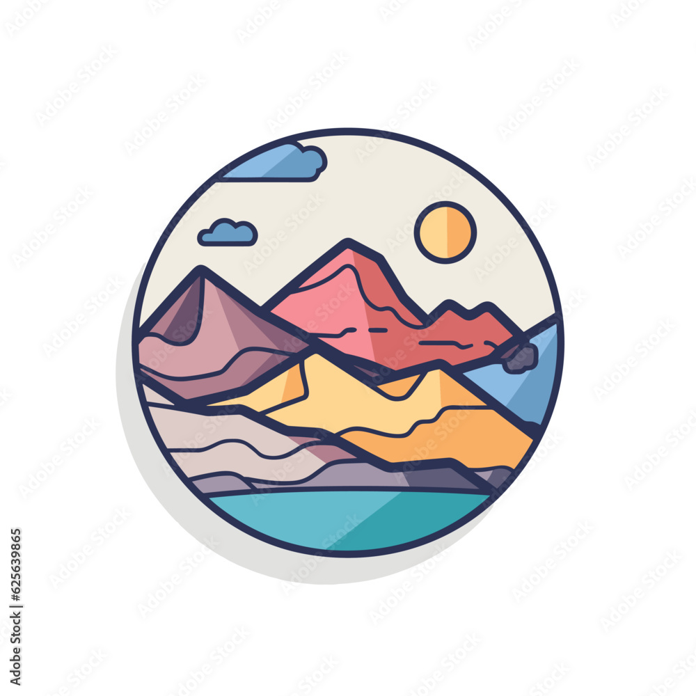 Aufkleber vector flat icon of a round vector icon with mountains and clouds in the background