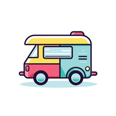 Vector flat icon of a van with a surfboard on top, perfect for a beach adventure