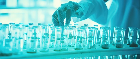 Hand with sanitary gloves checks medical vials on production line at pharmaceutical factory. Chemical laboratory glass bottle production line. Chemistry research. Medical research. Generative AI