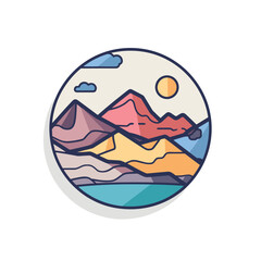 Obraz premium Vector flat icon of a round vector icon with mountains and clouds in the background