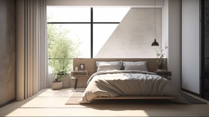 Modern contemporary interior design bedroom ideas concept soft and cozy bed area natural suface and material, colour scheme house beautiful concept,ai generate