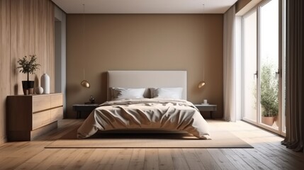 Modern contemporary interior design bedroom ideas concept soft and cozy bed area natural suface and material, colour scheme house beautiful concept,ai generate