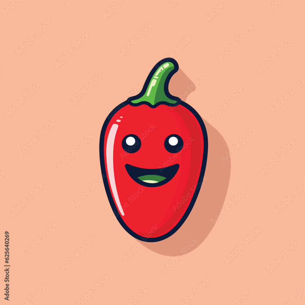 Poster vector flat icon of a cheerful red pepper with a smiling face, depicted in a simple and minimalist f