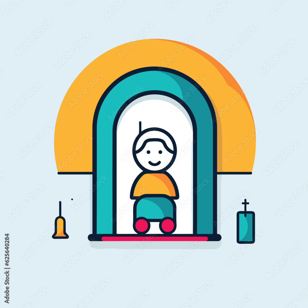 Poster vector flat icon of a person sitting on a bench in front of an arch
