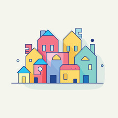 Fototapeta premium Vector flat icon of a colorful neighborhood with blue skies in the background