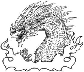 Dragon head, a medieval European mythological creature, angry with open jaws, fire-breathing, side view. Black and white graphic style vector