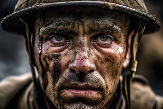 Generative AI illustration portrait of unemotional soldier in hardhat covered in mud looking at camera in the rain