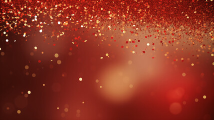 Red and gold background with a multitude of small, shiny, and sparkling lights and confetti pieces scattered. 
