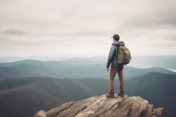 Adventurous Male Hiker Conquering the Peak. Generative AI