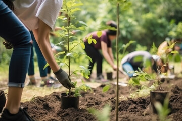 People planting trees or working in community garden. Generative AI