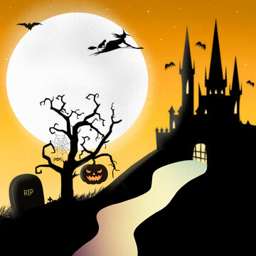 Happy Halloween day with pumpkins tree and haunted castle on moonlight wallpaper background