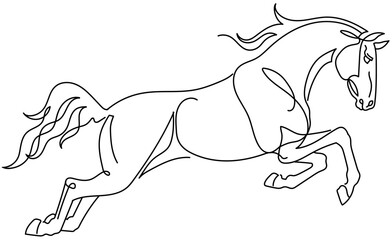 horse in jump, line tattoo, side view. Isolated vector illustration. Black and white