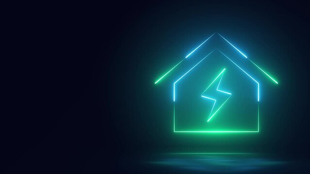 glowing green home energy sign illuminated on dark background
