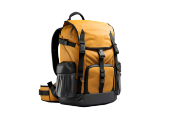 yellow tourist backpack on a transparent background. png file. Generative AI