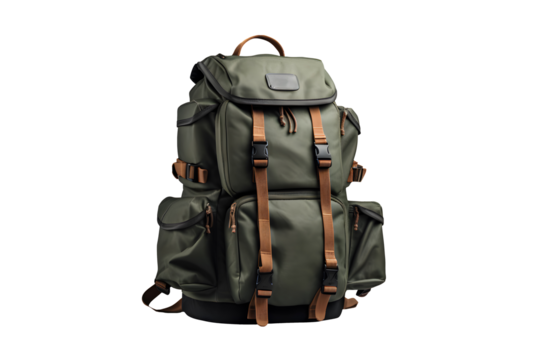 tourist khaki backpack on a transparent background. png file.