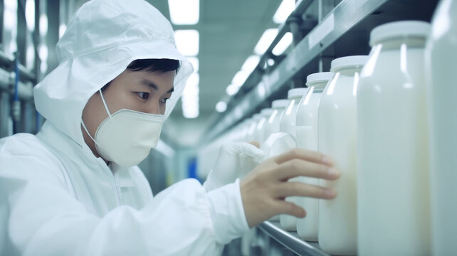 Asian Milk Factory Employee Ensuring Quality in Production Lab