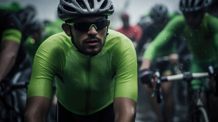 Rainy Day Cyclist: Chasing Victory in Green - Powered by Adobe