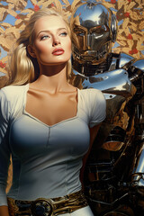Fototapeta na wymiar Fantasy Princess and her Robot - Sci-Fi Art