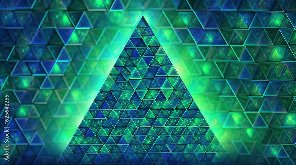 Poster sierpinski triangle fractal in green and blue. generative ai