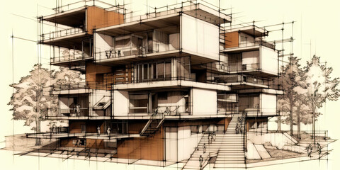 Fototapeta na wymiar Detailed pencil sketch of modern suburban house. Abstract imaginary building concept. Generative AI