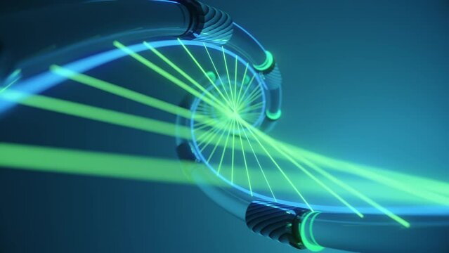 Concept of a mechanical genome, reflective metal tubes grow and connect forming a robot DNA helix.