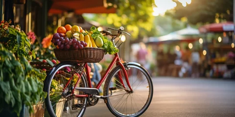 Foto auf Acrylglas Fahrrad a bicycle parked in front of a local organic food market, representing sustainable transportation and consumption, soft evening light