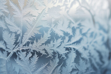 A highly detailed image of frost forming on a window pane, capturing the intricate patterns and textures in a macro shot