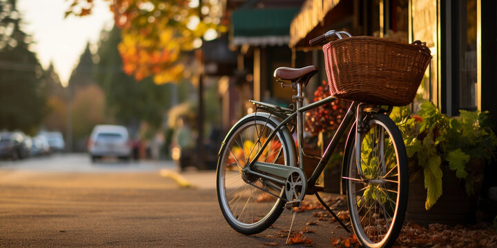a bicycle parked in front of a local organic food market, representing sustainable transportation and consumption, soft evening light