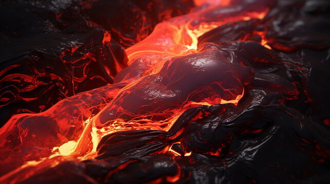 image of molten lava flowing, with vibrant red and orange textures contrasting with solid black obsidian. Shot in the style of National Geographic