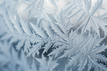 A highly detailed image of frost forming on a window pane, capturing the intricate patterns and textures in a macro shot