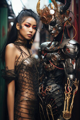 Obraz na płótnie Canvas Japanese Cyberpunk Girls and cyborg robots with traditional and body mod clothing