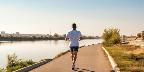 Naklejka premium Young man running on pier near river in morning. Generative AI