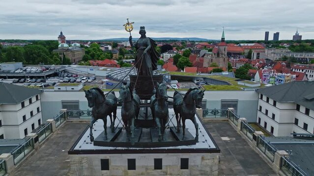 Aerial drone view of Quadriga Monument on Schloss-Arkaden Braunschweig . Brunswick Palace or Residenzschloss . 
