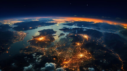 Panoramic view on planet Earth globe from space. Glowing city lights, light clouds. Generative AI - obrazy, fototapety, plakaty