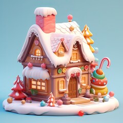 3D illustration of a cute and sweet cake house on christmas, blue background with a snow. Generative ai