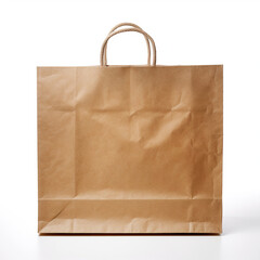 Craft paper sale bag isolated on white background. Brown clear empty blank paper shopping bag with handles made from recycled paper. Eco packaging, shopper mockup. AI generated